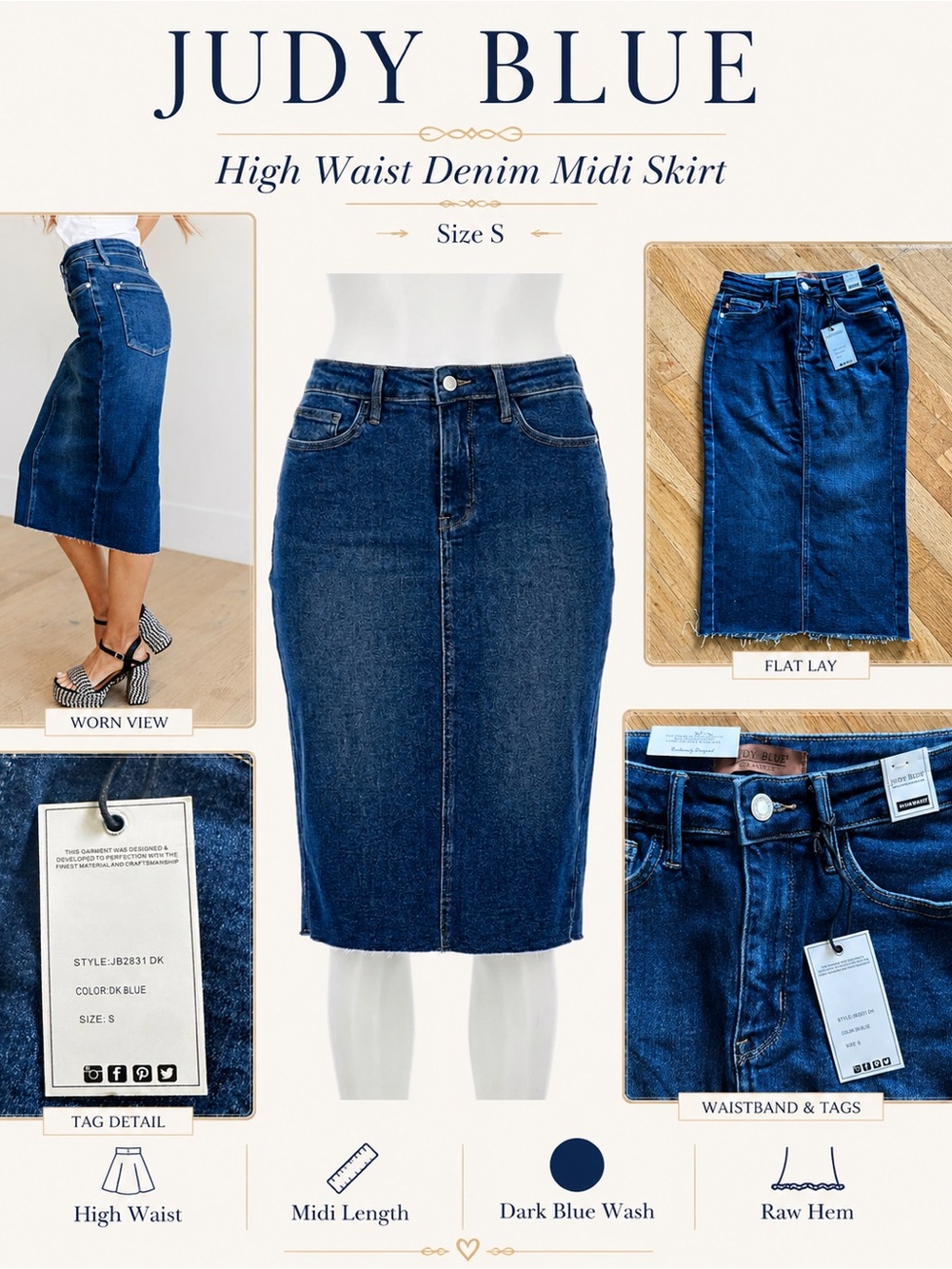 Judy Blue Stretch Denim Pencil Skirt Raw Hem JB2831 Dark Blue Size S